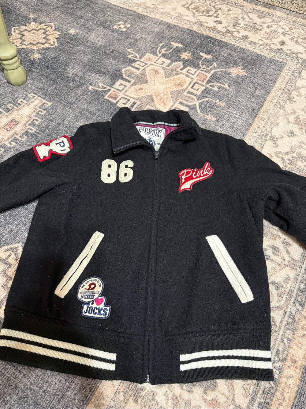 PINK Victoria's Secret Black Varsity Zip Jacket with Cream Trim & Red Logo